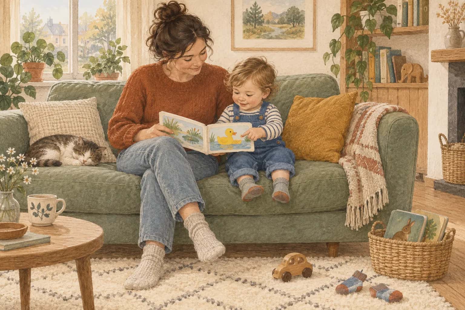 Illustratie van een ouder en peuter op een groene bank, samen kijkend naar een eend in een prentenboek