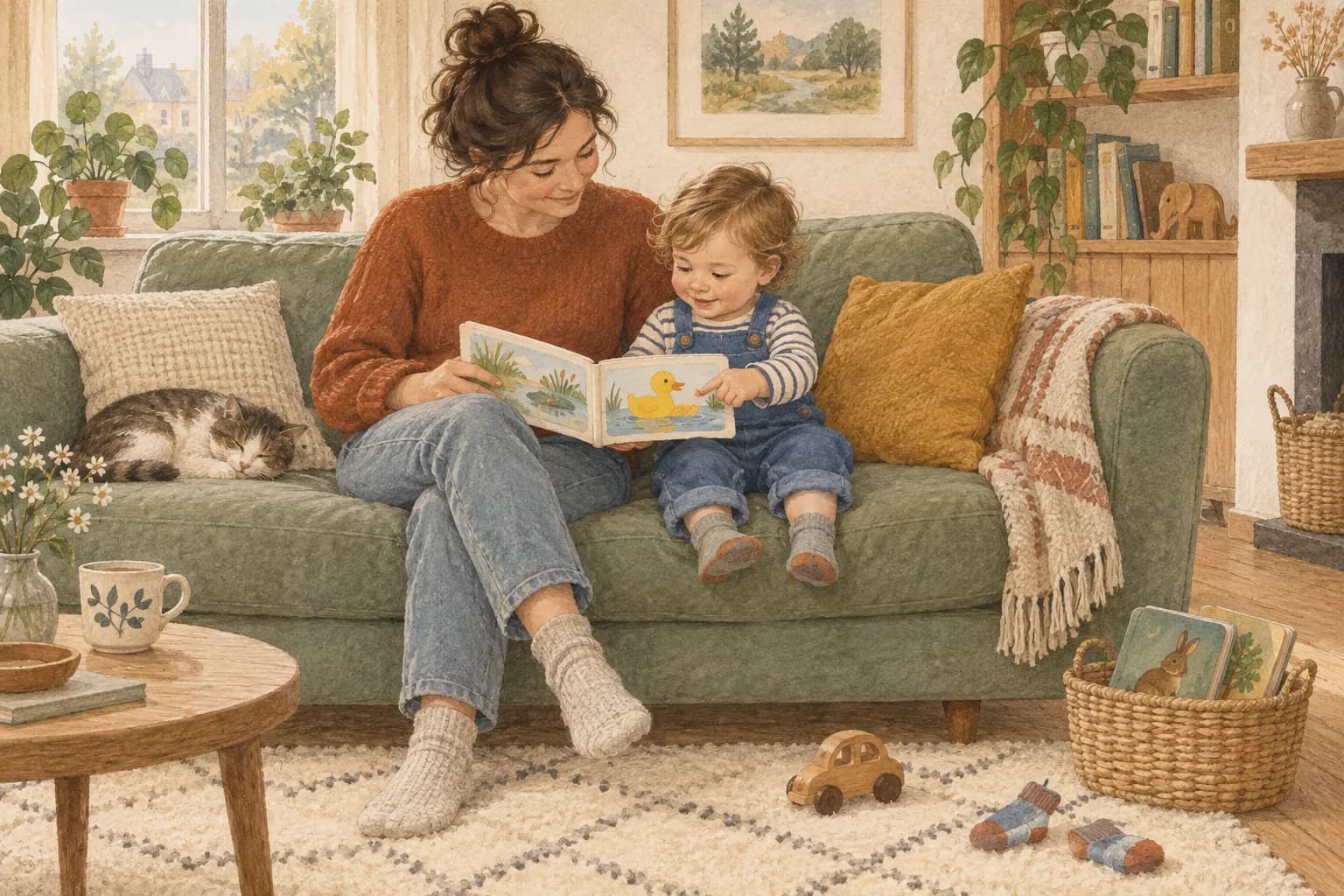 Illustratie van een ouder en peuter op een groene bank, samen kijkend naar een eend in een prentenboek