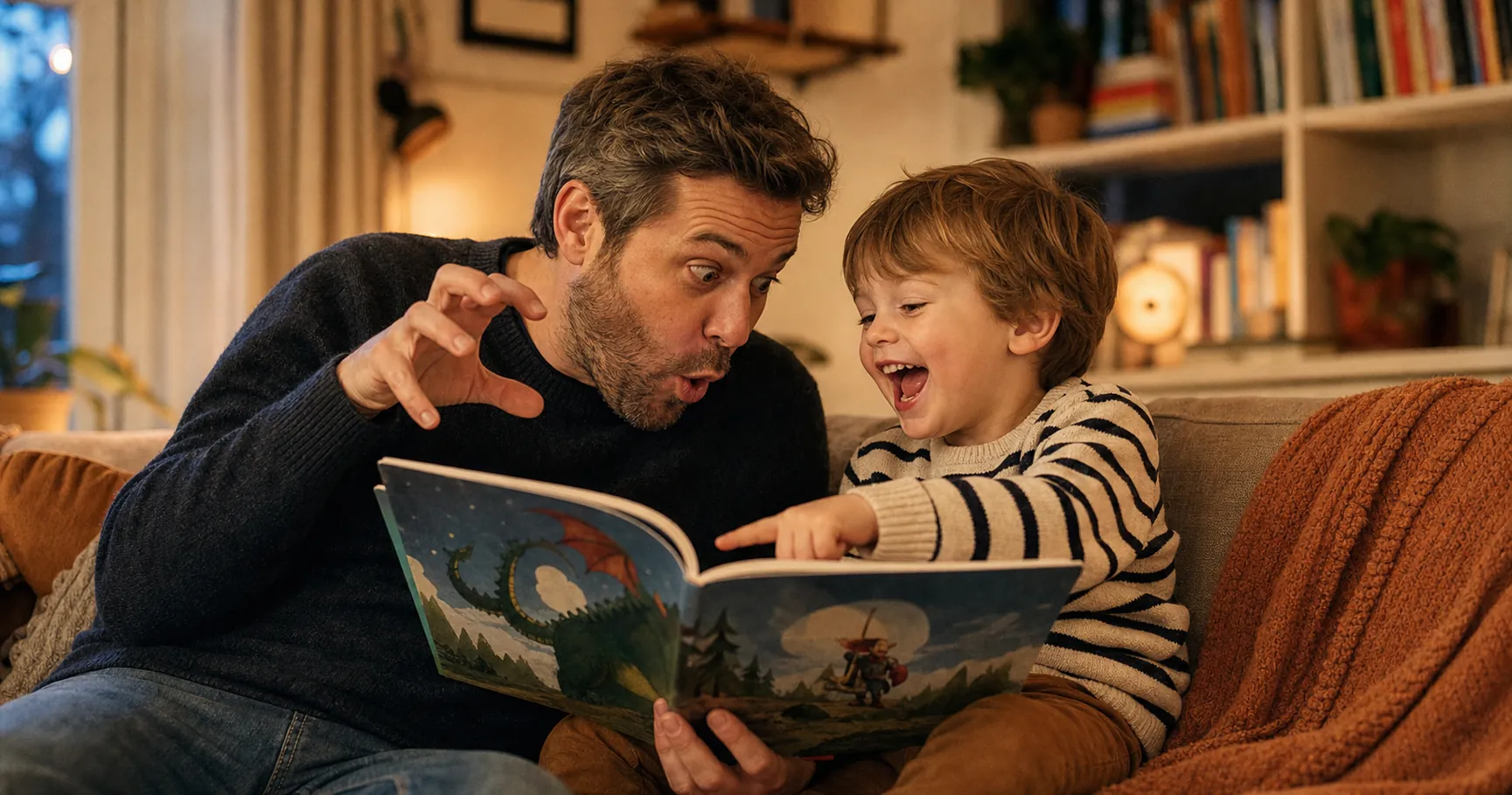 Dad reading a personalized children’s book with his child on the sofa