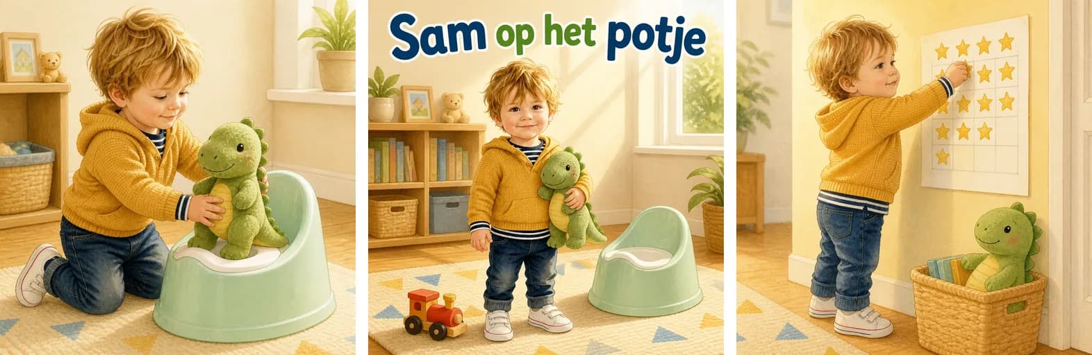 Three illustrations from the personal book “Sam op het potje”: Sam sitting his dinosaur toy on the potty, the cover of the book, and Sam sticking a star on his reward chart