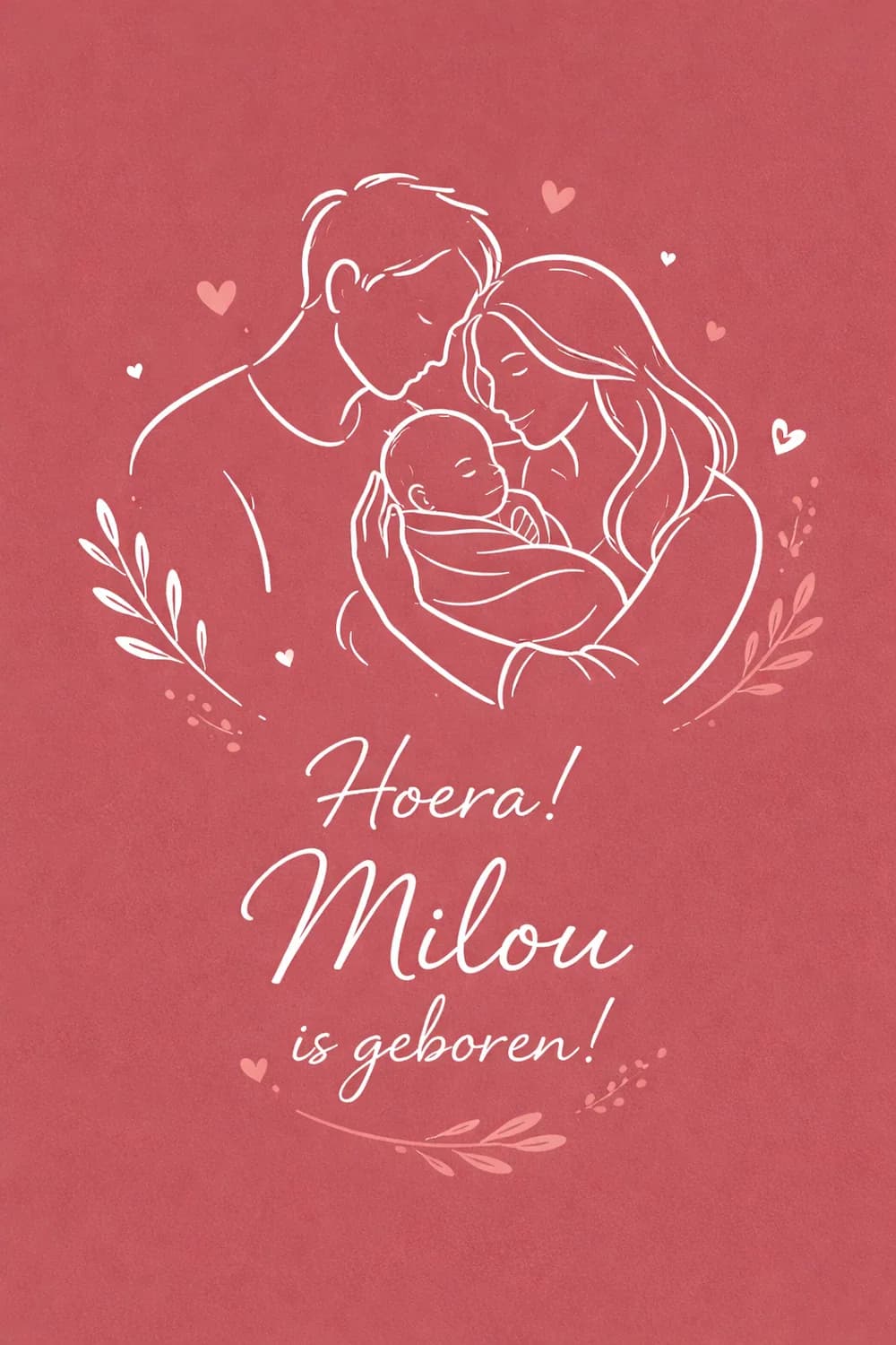 Milou’s coral-pink birth announcement with a minimalist line illustration of her family