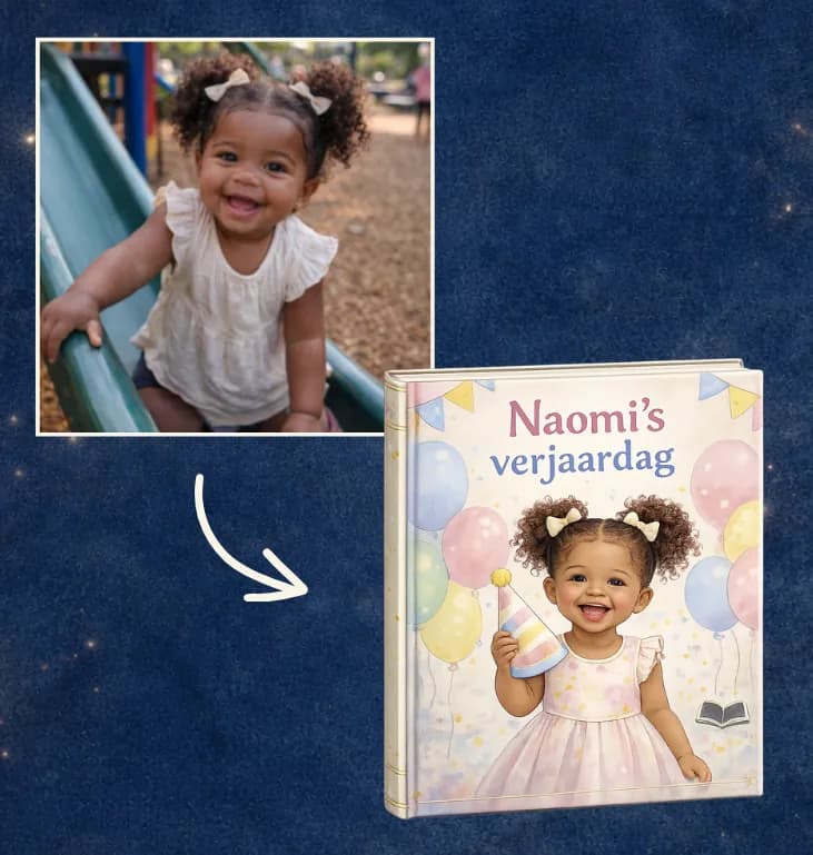 Photo of Naomi and the cover of her personalized birthday book