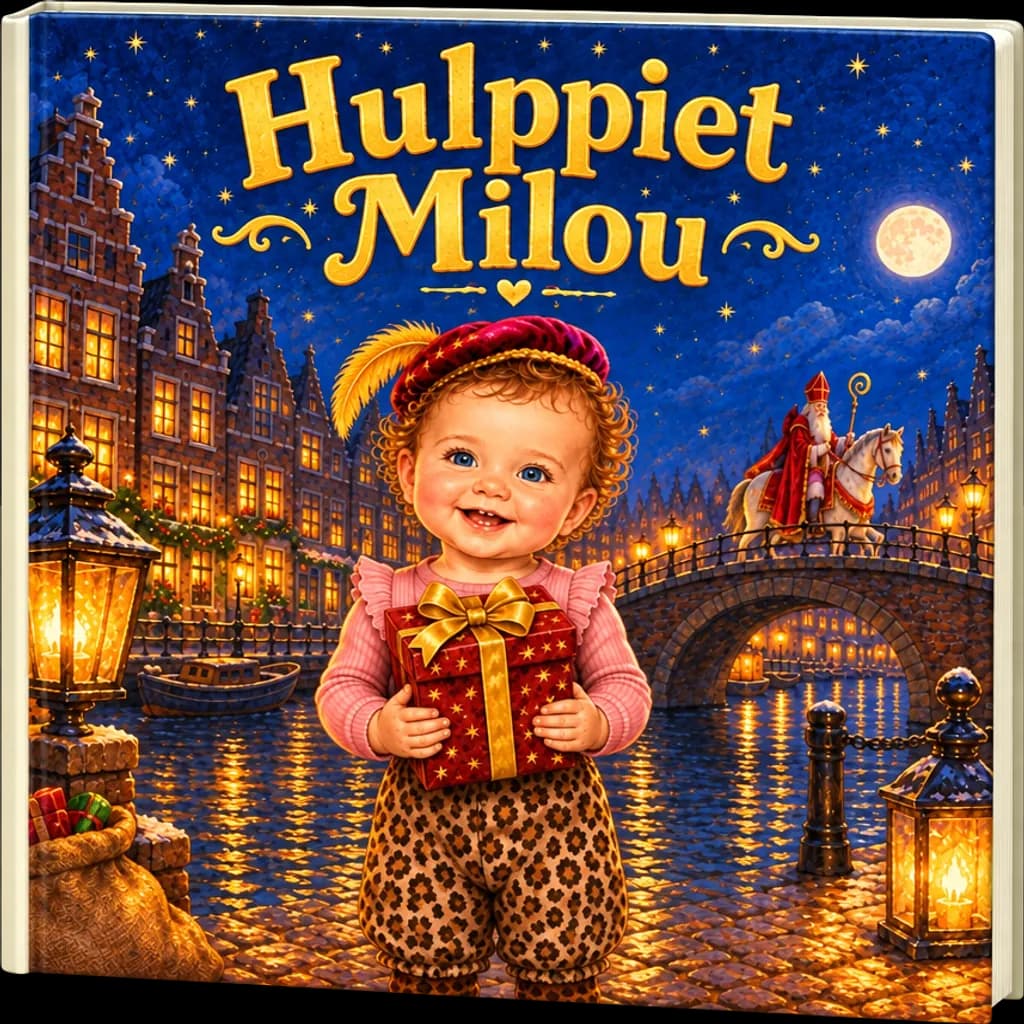 Het persoonlijke Sinterklaasboekje Hulppiet Milou, met Milou en een pakje bij de gracht