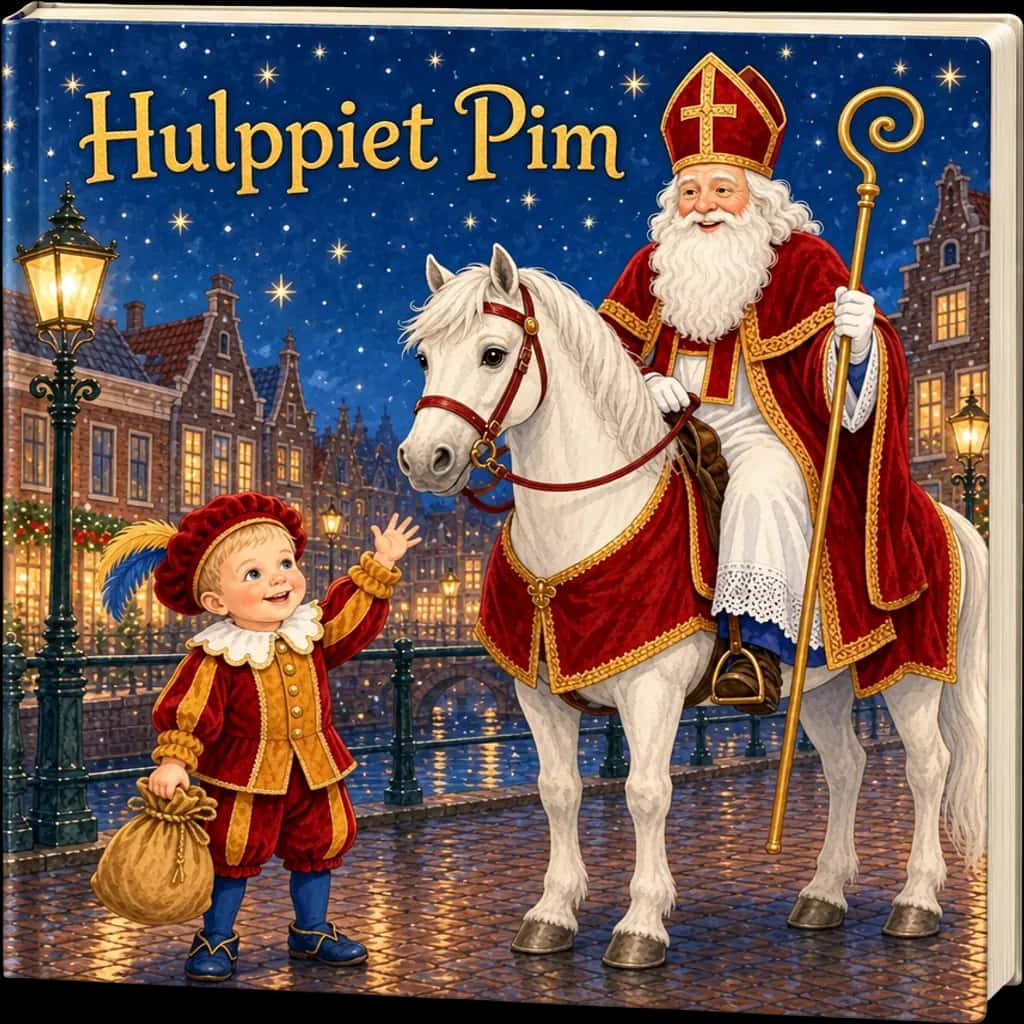 Het gepersonaliseerde sinterklaasboek Hulppiet Pim, met Pim naast Sinterklaas op het paard