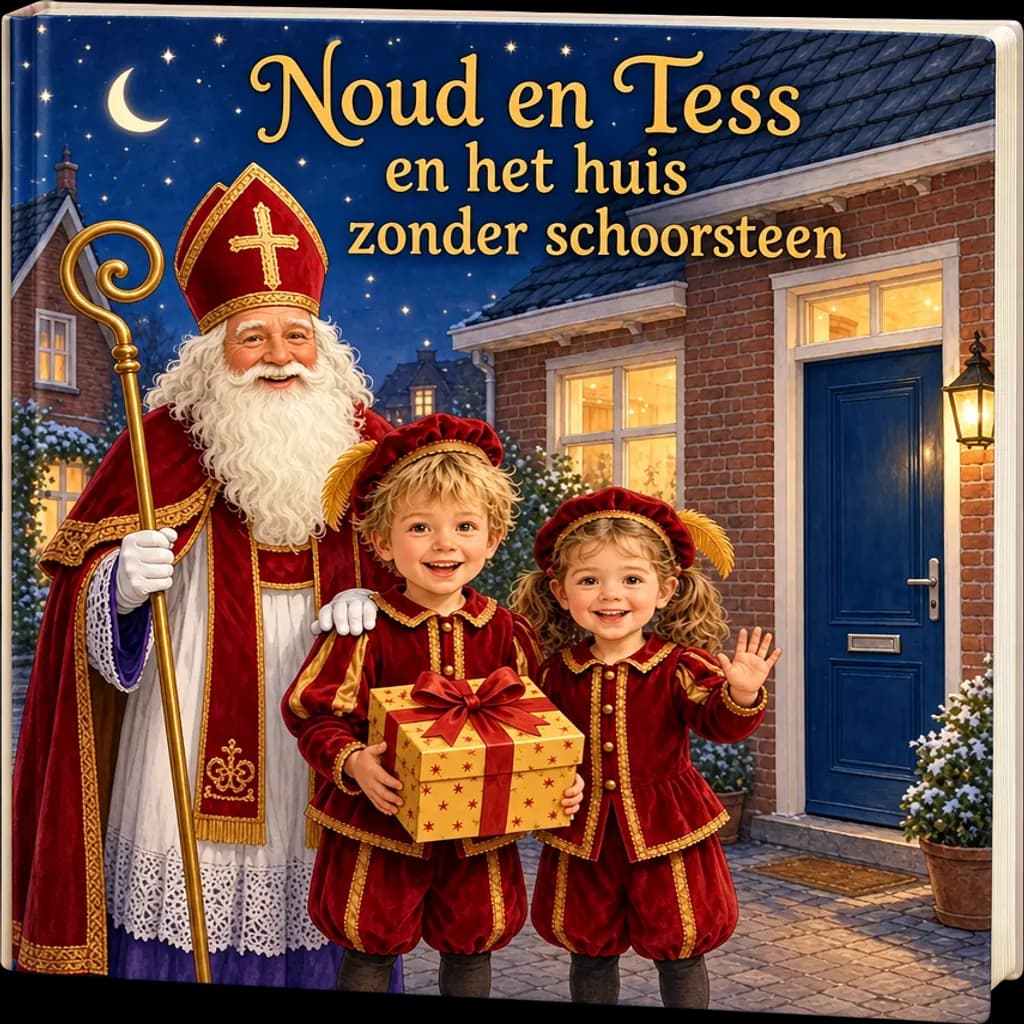 Het persoonlijke Sinterklaasboekje van Noud en Tess, samen met Sinterklaas voor de voordeur