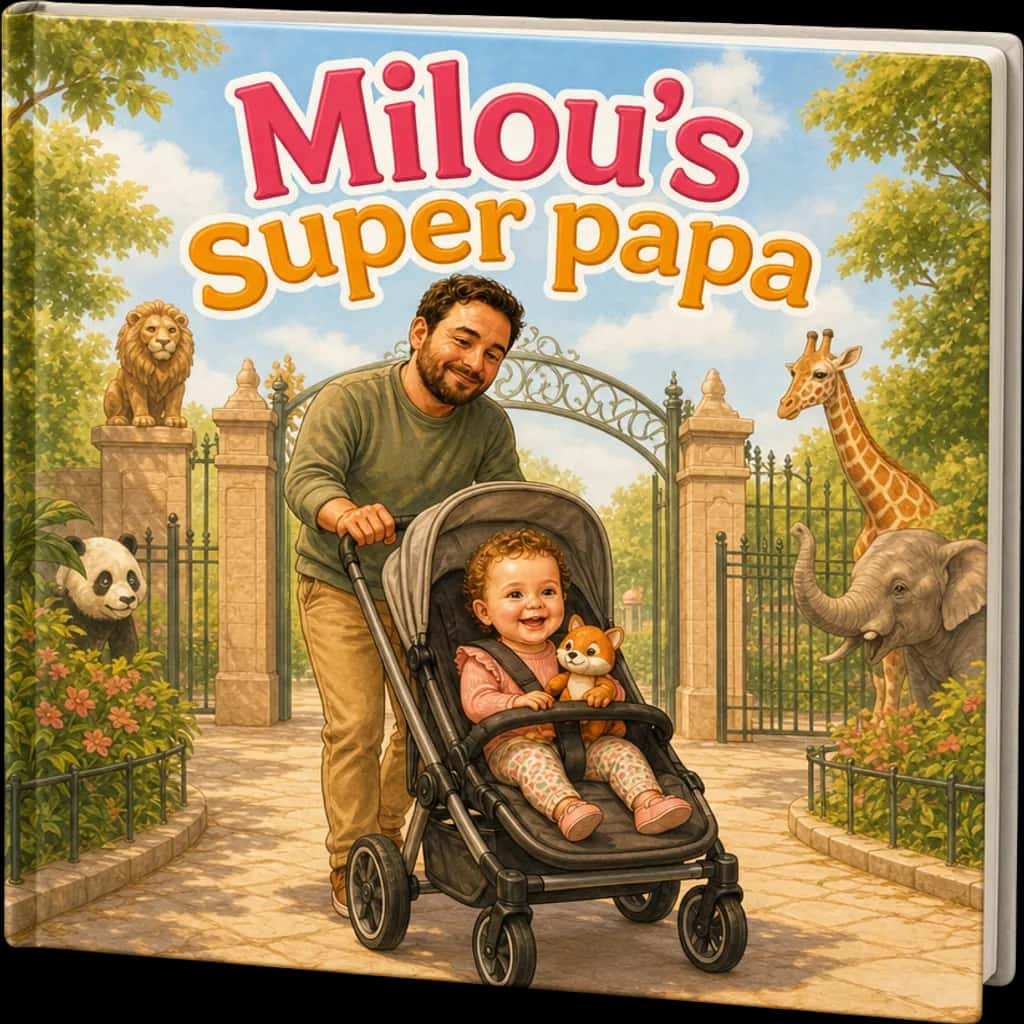 Milou en papa in hun gepersonaliseerde Super Papa-boek tijdens een uitstapje naar de dierentuin