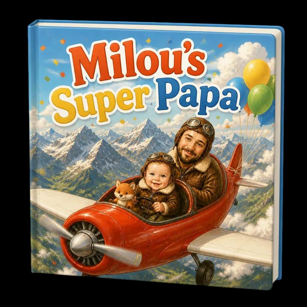 Milou en papa in hun gepersonaliseerde Super Papa-boek in een vliegtuig