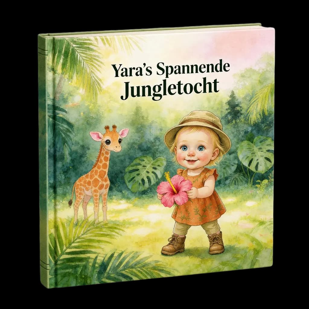 3D-weergave van het persoonlijke kinderboek "Yara’s Spannende Jungletocht", met Yara in safarikleding naast een kleine giraffe op de cover