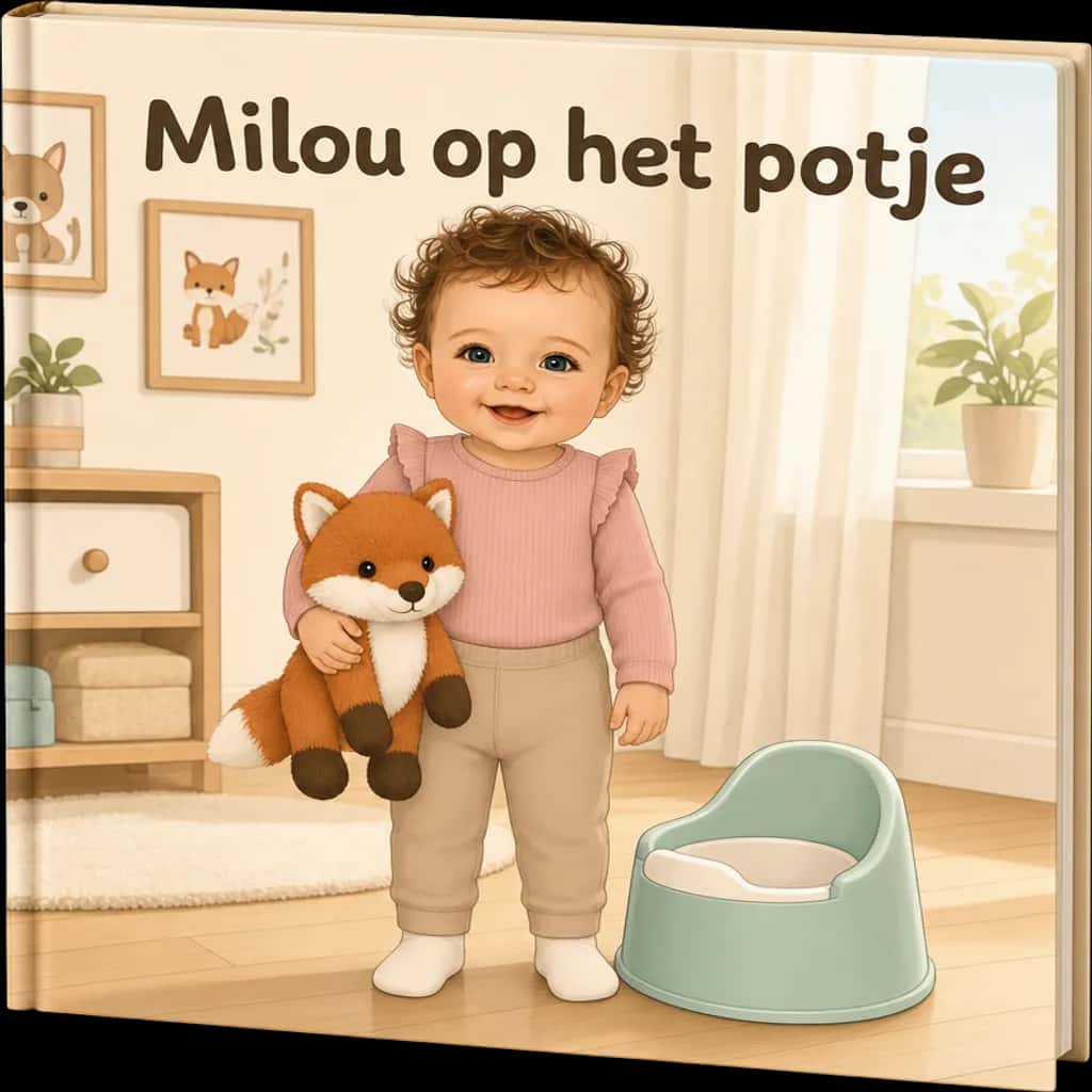 The personalized potty training book of Milou, with Milou and her fox plushie next to a light green potty