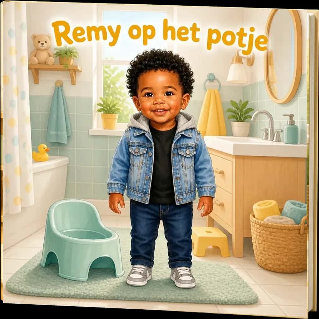 The personalized potty training book of Remy, with Remy in the bathroom next to his potty