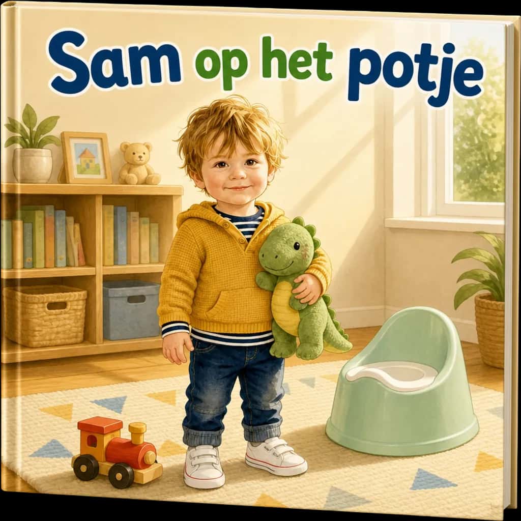 The personalized potty training book of Sam, with Sam and his dinosaur plushie next to a light green potty