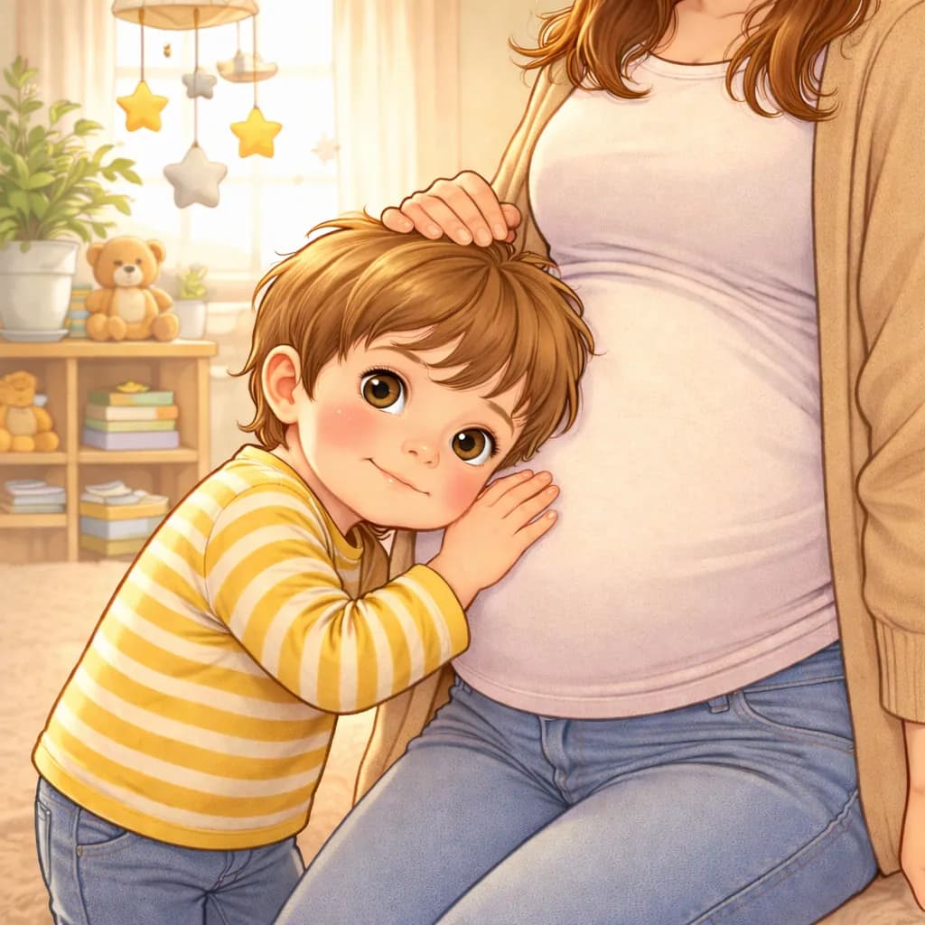 Illustratie van een kind dat voorzichtig luistert naar de baby in mama's buik