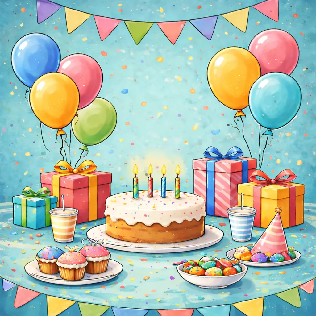 Illustration of a birthday party with cake, balloons and gifts — the birthday theme from BoekjesAtelier